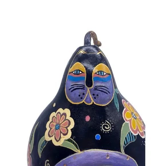 FAT CAT Gourd Handpainted Hand Painted Black Purple Whimsical Burch Style 10